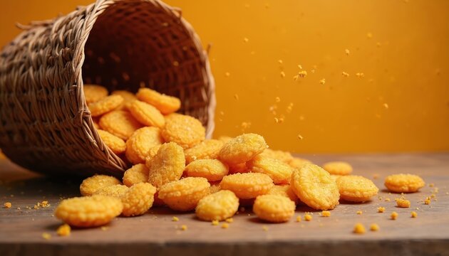 Crispy golden namak pare snacks tumble from wicker basket onto wooden table. Savory Indian treats scattered, small crumbs flying mid air, appetizing food.