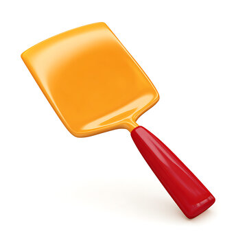 Glossy 3d illustration of an orange kitchen spatula with a red handle on white background