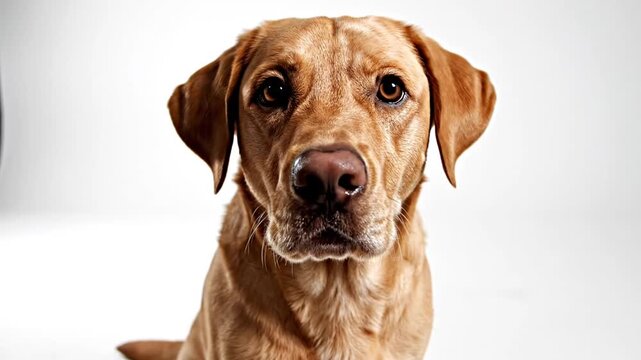 Portrait of a brown dog looking forward.