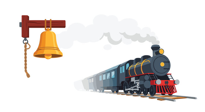 A vintage black steam locomotive pulls several passenger cars through a cloud of white smoke while a golden station bell hangs from a rustic wooden post.
