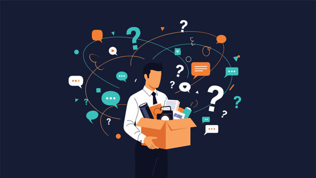 Professional man holding box of office supplies after resignation or job loss with many question marks about future career.