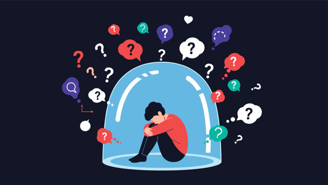 Sad person sitting inside a glass dome surrounded by numerous question marks representing isolation and confusion.