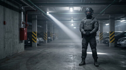 Obraz premium Man in tactical gear standing in a dimly lit parking garage, security guard on duty
