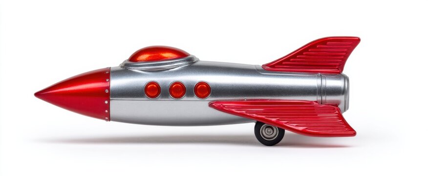 Retro rocket on white vintage space shuttle toy with red fins and shiny details.