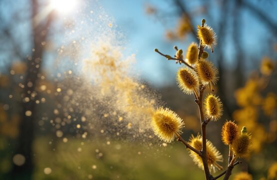 Golden catkins on alder and birch tree branches release yellow pollen dust into air on sunny spring day. Airborne particles drift against bright blue sky signifying seasonal changes and nature bloom.