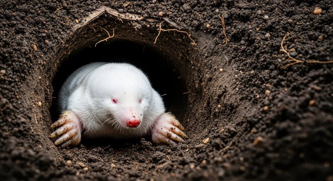 A rare albino mole with soft white fur and small paws seen emerging from a dark, muddy tunnel after digging in the loose earth, tunnel, animal, zoology