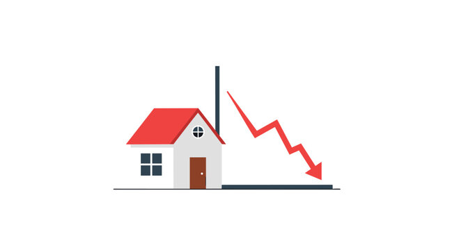 Minimalist vector graphic of a small white house with a bright red roof positioned beside a jagged red arrow pointing steeply towards the ground.