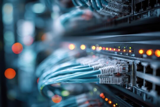 Close-up of network cables connected to patch panel in data center