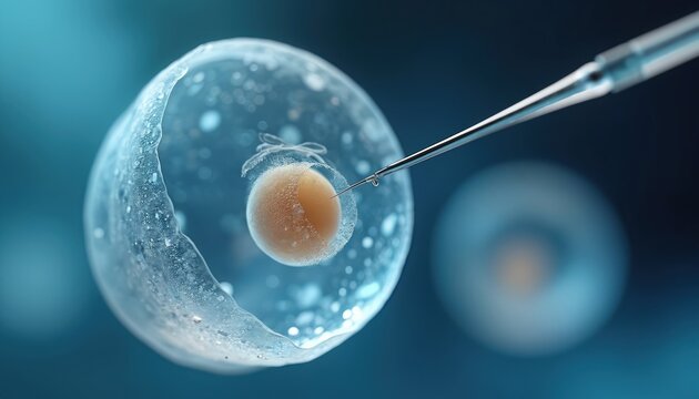 Scientist uses needle in lab to fertilize human egg cell. Closeup macro view of in vitro fertilization process. Science, biology, conception, baby, fertility treatment procedure.