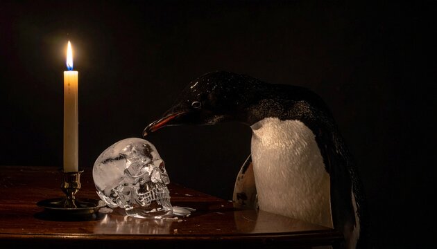 Surreal Painting of a Penguin Beside a Human Skull and Candle