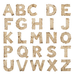 Rustic alphabet letters crafted from burnt and aged paper, isolated on transparent background. © HOAI PHAM