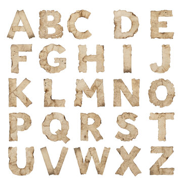 Rustic alphabet letters crafted from burnt and aged paper, isolated on transparent background.