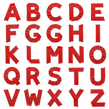 Handmade uppercase alphabet A-Z from red duct tape, isolated on transparent background, for creative industrial design.