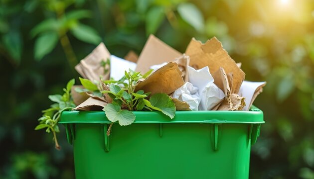 Green outdoor bin filled with paper and plant waste. Cardboard and organic garden refuse overfills container. Nature greenery background blurred. Eco friendly sorting in backyard.