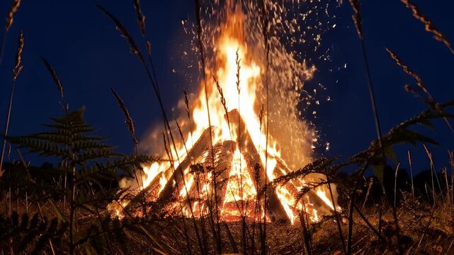 Traditional Kupala Night ritual bonfire with soaring orange flames and golden sparks against a deep indigo sky, Slavic midsummer pagan celebration.