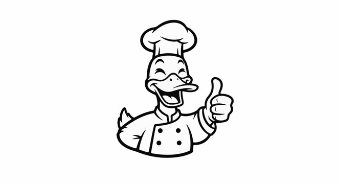 Cheerful cartoon duck chef with a chef's hat and uniform gives a thumbs up