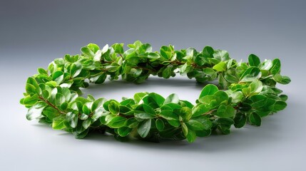 Obraz premium Green Leafy Wreath on Gray Background, Perfect for Decoration, Celebrations, or Nature-themed Projects, Bringing Freshness and Natural Vibes
