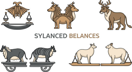 Obraz premium Animal balance concept illustration featuring symbolic scales with wildlife and livestock in flat cartoon style for education design