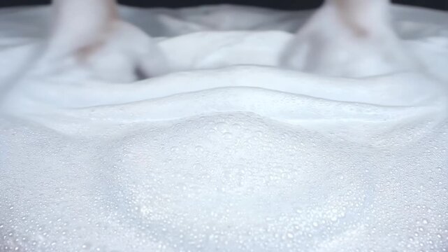 Close-up of thick white soap foam with small bubbles. Dense lathery texture creates abstract waves. Hygiene concept for skincare branding or cleaning product ads.