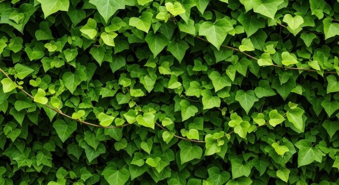 Dense, vibrant green ivy vine foliage creating a natural, textured background. Lush organic growth suitable for borders or backgrounds, close up, abundant, decorative
