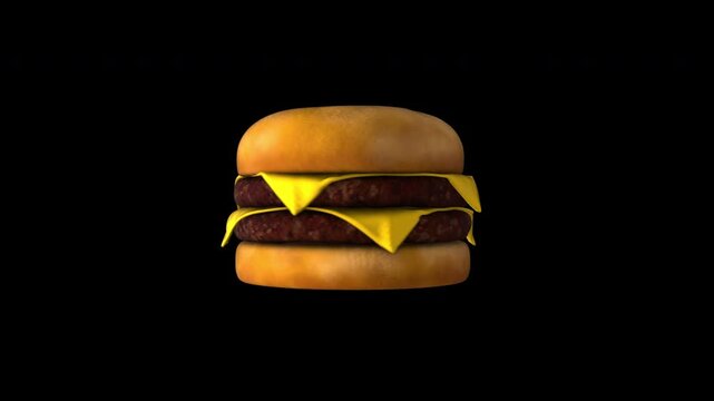 3D Render Showcase of Cheese Burger on Black Background. Perfect for fast food advertising and culinary transitions. 4K.