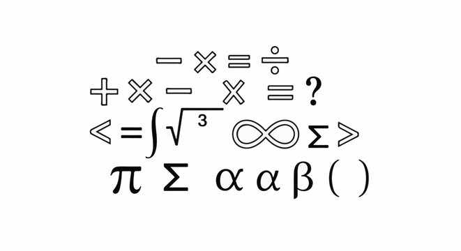 A variety of mathematical symbols and equations are scattered across a white background