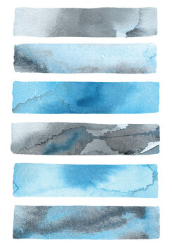 Blue and gray watercolor brush stroke strips isolated on white background
