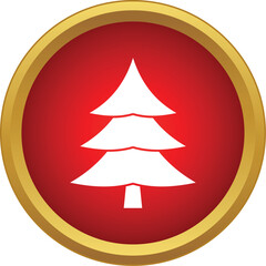 Obraz premium White fir tree icon symbolizing winter holidays inside a red circle with a gold border