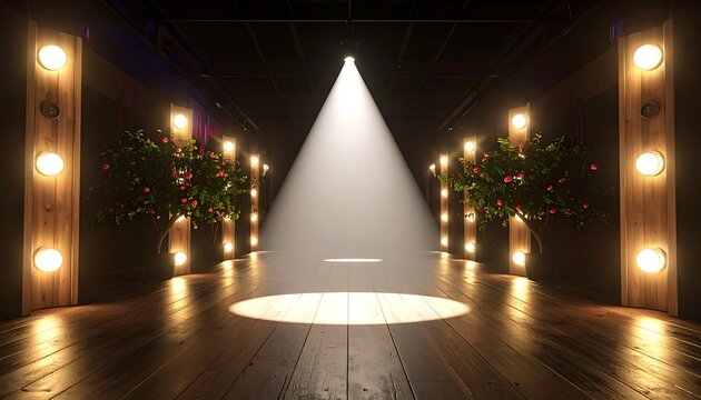 A softly lit stage. Spotlit center, warm glowing lights frame floral arrangements, all upon a reflective wooden floor