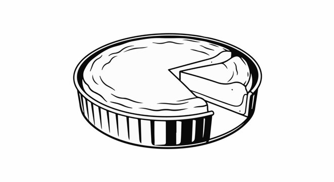 Black and white outline drawing of a whole pie with one slice removed