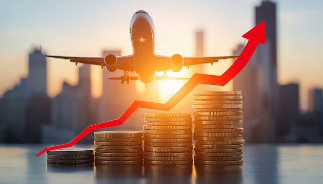 There is a plane flying over stacks of coins with a red arrow going up