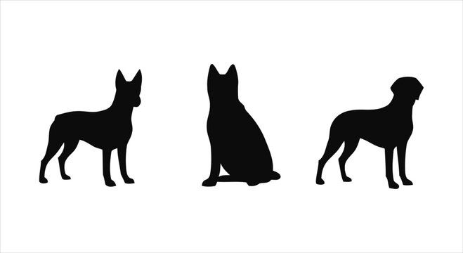 Three silhouettes of dogs in different poses on a white background