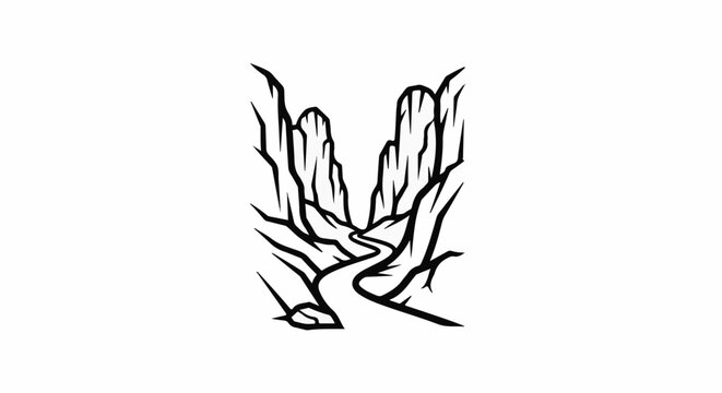 Black and white illustration of a winding path between steep, rocky cliffs