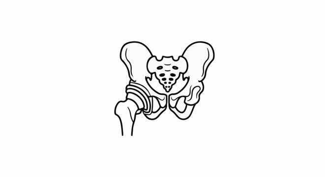 Anatomical line drawing of the human pelvis and upper femur