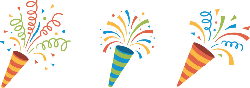 Three party poppers exploding with colorful confetti streamers and dots against a white background