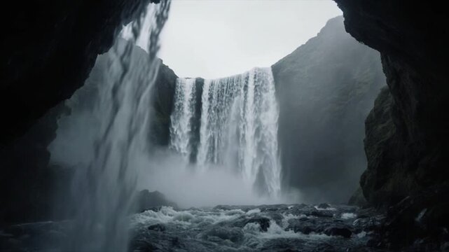 滝の裏側から見た霧と曇天・秘境の洞窟視点シネマティック幻想映像