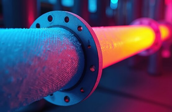 Insulated pipe shows heat loss with colored lighting. Visual emphasizes industrial energy conservation needs. Focus on thermal efficiency in facility systems. Important for industry, energy audit
