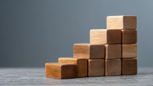 Wooden blocks arranged in a staircase pattern symbolizing growth, development, and success in business or personal goals on a gray background