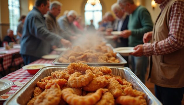 People line up for hot fried fish buffet in church hall. Volunteers serve food at community meal. Warm social gathering supports local charity fundraiser.