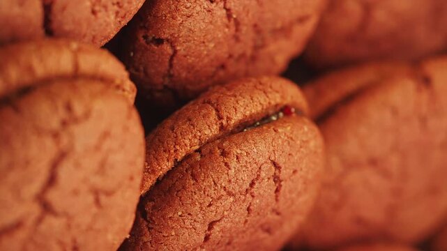 A close up view of homemade biscuits with red berry jam filling sweet cookies.