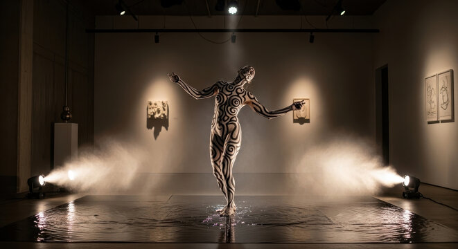Person with body art performing in a dimly lit gallery