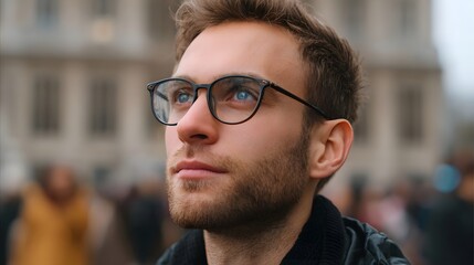 Fototapeta premium A thoughtful young man wearing glasses gazes into the distance on a vibrant city street capturing a moment of deep contemplation