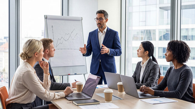 Professional businessman presenting data and strategy on flipchart to diverse team in modern office, photograph.
