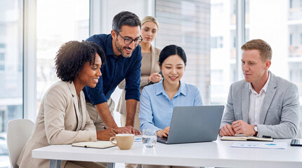 Diverse team of business professionals collaboratively reviewing data on a laptop during an engaging meeting in. © Athena Studio