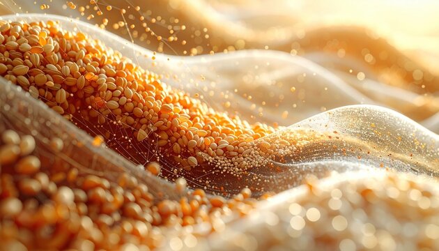 Close-up of golden grains, flowing and sparkling in waves