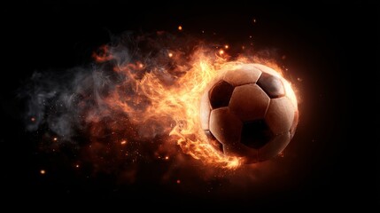 Fototapeta premium soccer ball in fire flames on black background