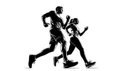 Fototapeta premium Dynamic Runners Silhouetted In Motion, Black And White, Fitness And Exercise Concept