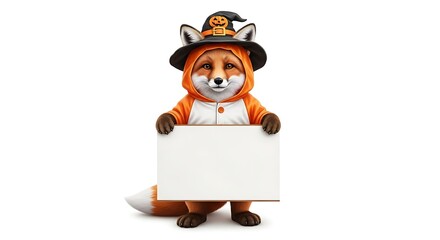 Fototapeta premium A cute fox dressed in a Halloween costume, wearing a witch hat and holding a blank sign for text.