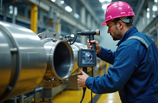 Technician inspects large pipe interior with video borescope camera. Worker uses portable screen, checks for damage or blockages. Pro checks industrial pipeline system.