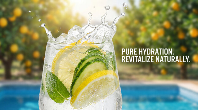 Glass of cold water with lemon, lime, and mint slices splashing, refreshing and vibrant, set outdoors near swimming pool with citrus trees in background, sunlight shining